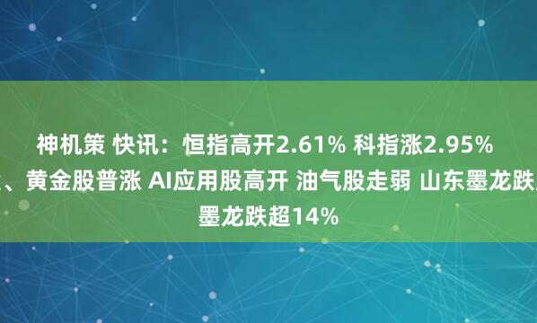 神机策 快讯：恒指高开2.61% 科指涨2.95% 科网股、黄金股普涨 AI应用股高开 油气股走弱 山东墨龙跌超14%